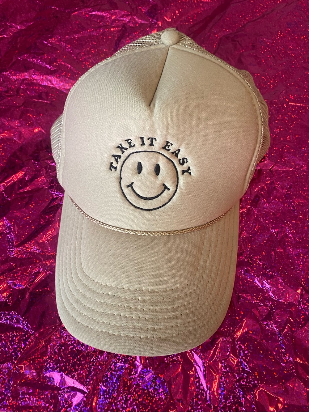 “Take it Easy” Smiley Face Embroidered Beige & Black Trucker Hat